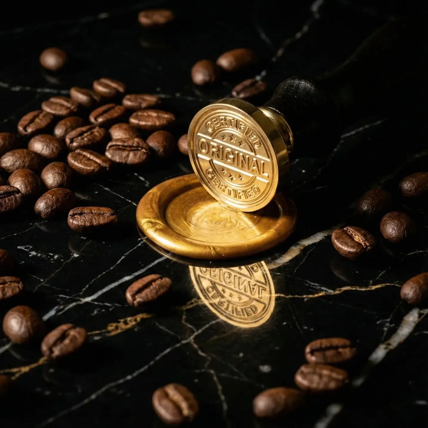 Official JACRA authenticity seal among roasted coffee beans